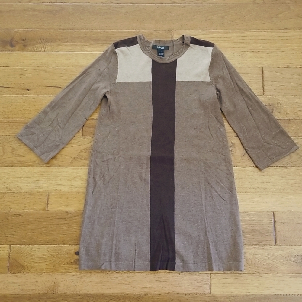 NWT Petite Colorblock Sweater Dress Taupe Chocolate Brown Tan
